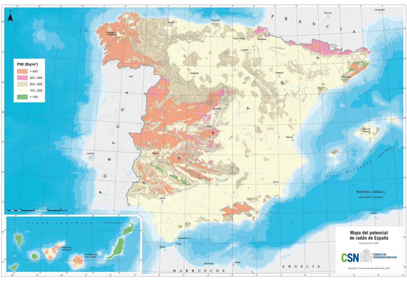 Mapa del potencial de radó de l'Estat espanyol, amb les zones classificades per nivells P90 de radó